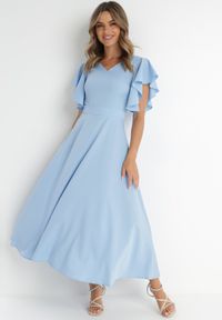 Born2be - Niebieska Rozkloszowana Sukienka Zdobiona Falbanami Emilienne. Okazja: na co dzień, na spacer. Kolor: niebieski. Materiał: jeans. Wzór: aplikacja. Typ sukienki: proste. Styl: klasyczny, casual, elegancki. Długość: maxi #9
