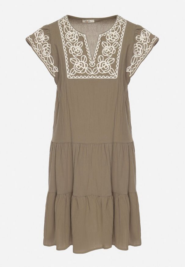 Born2be - Zielona Sukienka z Haftami w Stylu Boho z Bawełny Evitel. Kolor: zielony. Materiał: bawełna. Długość rękawa: krótki rękaw. Wzór: haft. Sezon: lato. Styl: boho