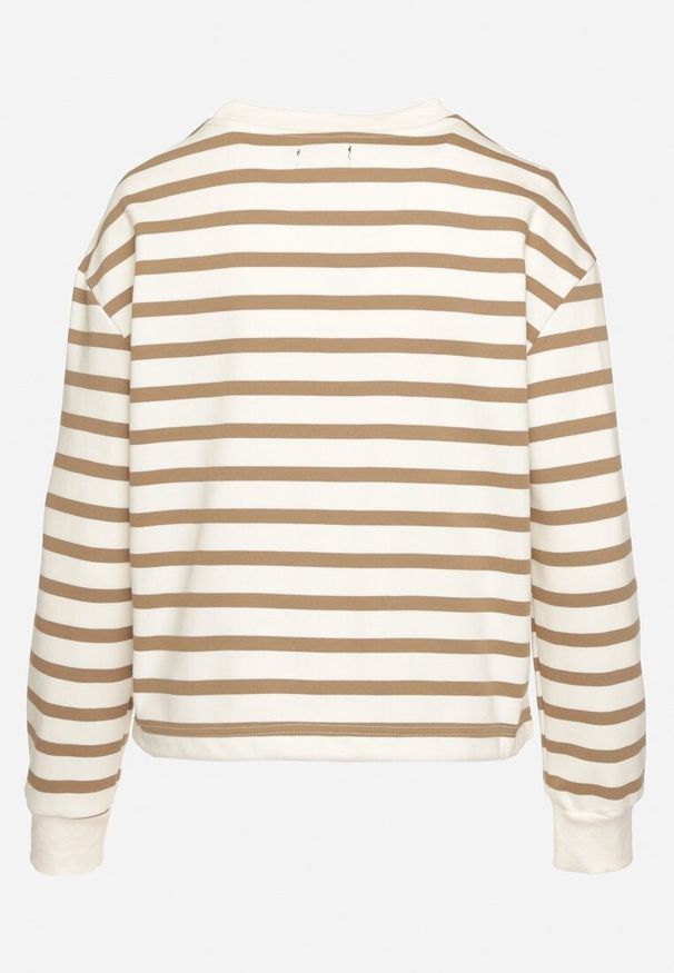 Born2be - Beżowa Bawełniana Bluza w Paski ze Ściągaczem Fenerala. Okazja: na co dzień. Kolor: beżowy. Materiał: bawełna. Długość rękawa: długi rękaw. Długość: długie. Wzór: paski. Styl: casual, elegancki, sportowy