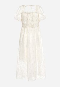 Born2be - Beżowo-Niebieska Rozkloszowana Sukienka z Bufiastymi Rękawami i Marszczoną Górą Vikinania. Okazja: na imprezę, na co dzień. Kolor: beżowy. Materiał: skóra. Styl: casual #4