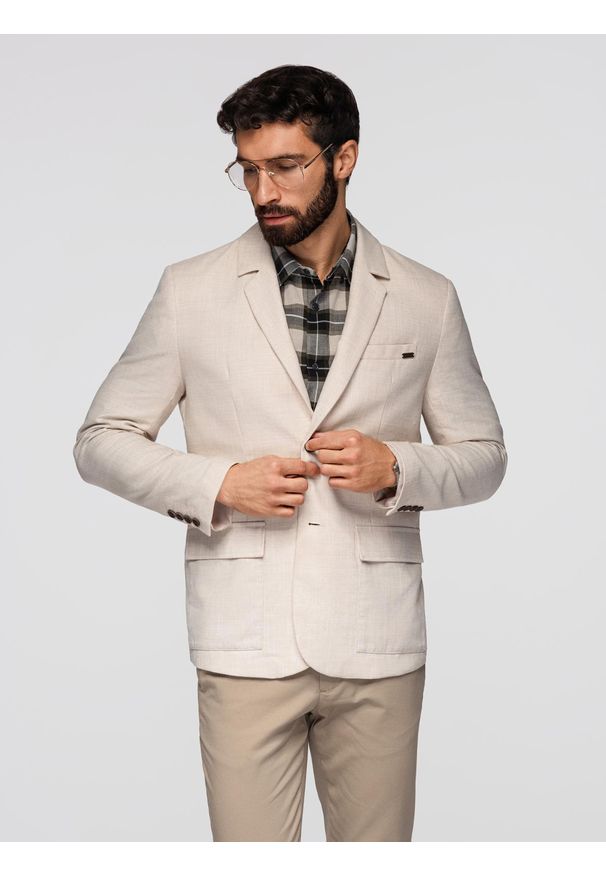 Ombre Clothing - Męska marynarka o kroju REGULAR z lnem - kremowa V1. Okazja: do pracy. Kolor: kremowy. Materiał: len. Wzór: aplikacja. Styl: elegancki, klasyczny