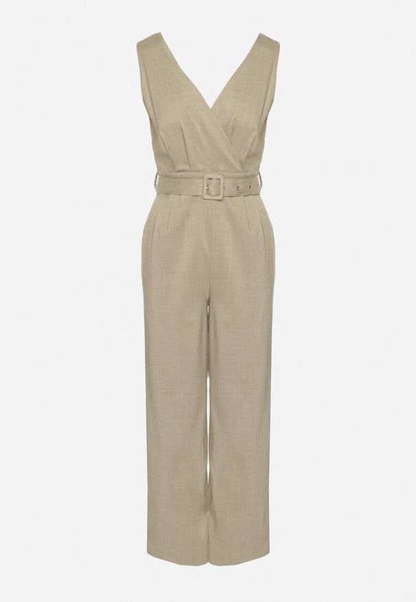 Born2be - Jasnozielony Kombinezon Taliowany z Kopertowym Dekoltem i Paskiem z Klamrą Ronivae. Okazja: na co dzień. Kolor: zielony. Styl: casual, klasyczny, elegancki