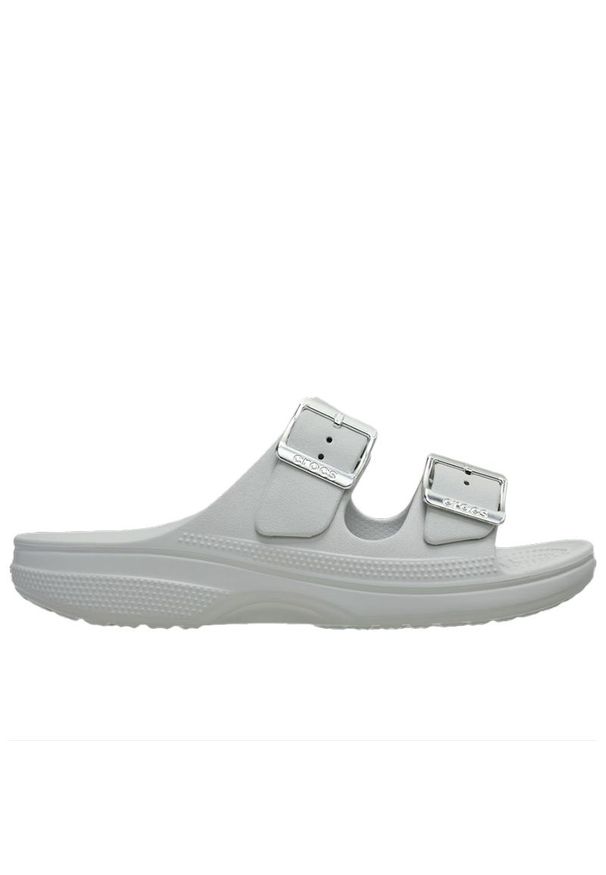 Klapki damskie Crocs Metallic Buckle Saturday 213316-1FT - szare. Okazja: na co dzień. Kolor: szary. Wzór: paski. Sezon: lato. Styl: elegancki, casual