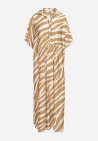 Born2be - Beżowa Rozkloszowana Sukienka Zapinana na Guziki z Rękawami Typu Nietoperz Rodmala. Okazja: na co dzień. Kolor: beżowy. Materiał: materiał. Wzór: motyw zwierzęcy, aplikacja, paski. Sezon: lato. Styl: casual #7