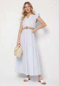 Born2be - Jasnoniebieska Bawełniana Sukienka Boho o Rozkloszowanym Kroju z Paskiem z Klamrą Iffalisse. Okazja: na spacer. Kolor: niebieski. Materiał: bawełna. Wzór: aplikacja. Typ sukienki: rozkloszowane. Styl: boho #1