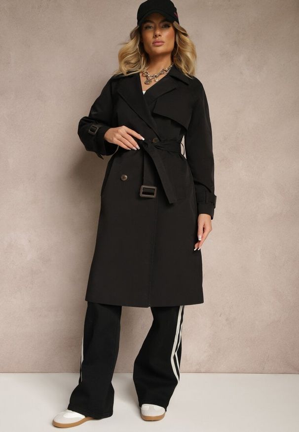 Renee - Czarny Dwurzędowy Płaszcz Trencz z Paskiem Ninnolia. Okazja: do pracy, na spacer. Kolor: czarny. Materiał: jeans. Wzór: aplikacja. Styl: klasyczny, elegancki