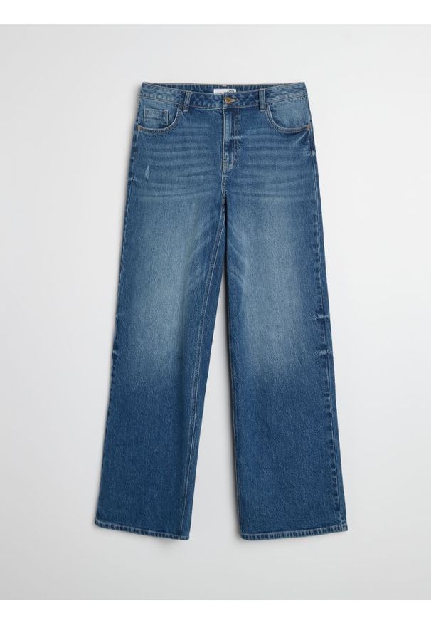 Sinsay - Jeansy wide leg z efektem sprania - granatowy. Kolor: niebieski