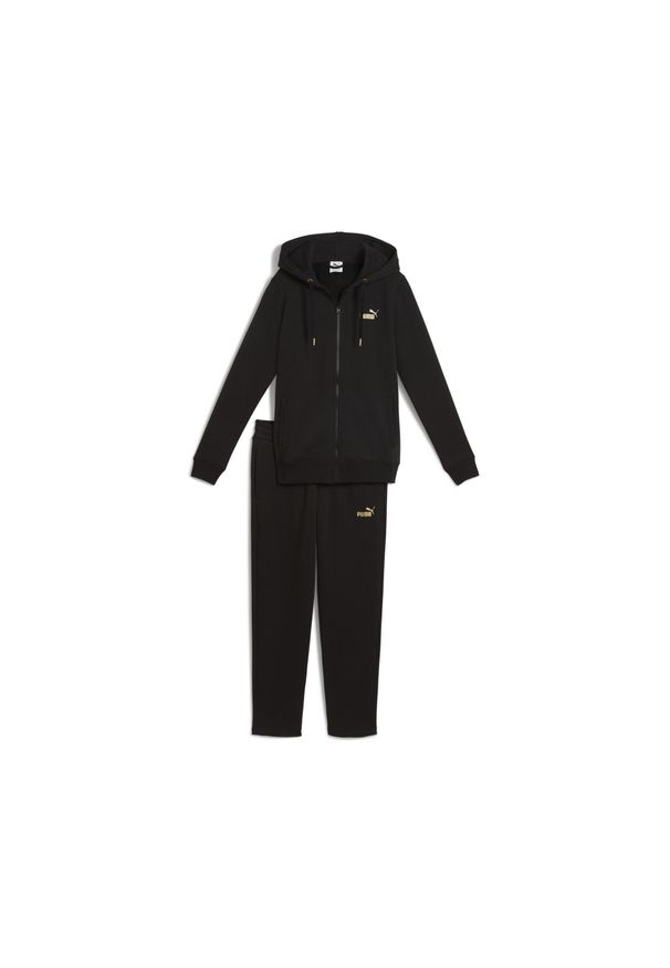 Puma - Damski dres z kapturem i metalicznym wykończeniem PUMA. Kolor: czarny, wielokolorowy, brązowy, zielony. Materiał: dresówka. Wzór: aplikacja. Sport: fitness