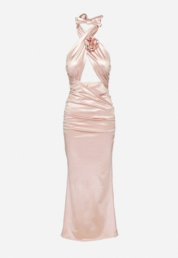 Born2be - Różowa Satynowa Sukienka Wiązana na Szyi z Wycięciem pod Biustem i Różyczką Roneza. Kolor: różowy. Materiał: satyna. Styl: elegancki