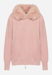 Born2be - Różowy Kardigan z Wełną z Futrzanym Kołnierzem Zapinany na Suwak Sistte. Okazja: na co dzień. Kolor: różowy. Materiał: wełna, futro. Długość rękawa: długi rękaw. Długość: długie. Styl: casual #3