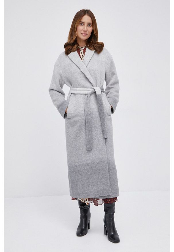 TwinSet - Twinset Płaszcz z domieszką wełny kolor szary przejściowy dwurzędowy. Kolor: szary. Materiał: wełna. Styl: klasyczny