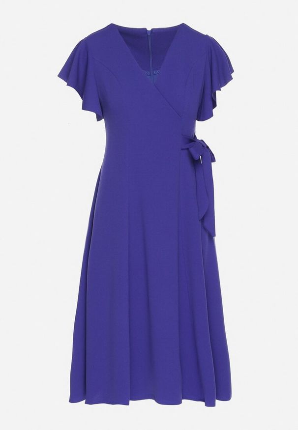 Born2be - Niebieska Rozkloszowana Sukienka Kopertowa z Wiązaniem w Talii Dannila. Kolor: niebieski. Wzór: aplikacja. Typ sukienki: kopertowe