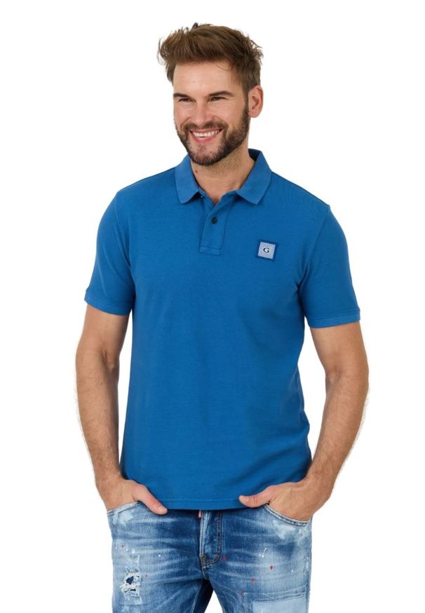 Guess - GUESS Niebieskie męskie polo Washed, Rozmiar XXL. Typ kołnierza: polo. Kolor: niebieski