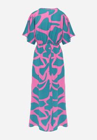 Renee - Niebiesko-Różowa Rozkloszowana Sukienka z Gumką w Talii i Rozcięciami Fienda. Okazja: na co dzień. Typ kołnierza: dekolt w kształcie V. Kolor: niebieski. Sezon: wiosna, lato. Styl: elegancki, klasyczny, casual #6