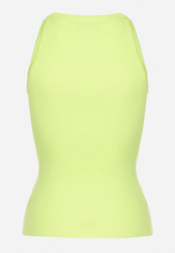 Born2be - Jasnozielony Top o Klasycznym Kroju z Prążkowanej Dzianiny Wavera. Kolor: zielony. Materiał: dzianina, prążkowany. Styl: klasyczny
