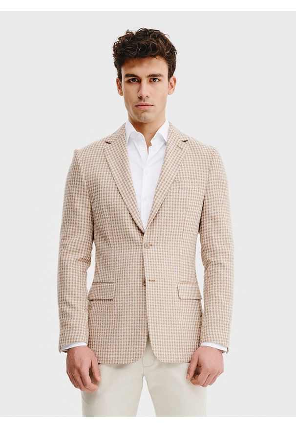 Pako Lorente - PAKO LORENTE – Beżowa marynarka w pepitkę. Okazja: na co dzień. Kolor: beżowy. Materiał: poliester, wiskoza. Sezon: wiosna. Styl: casual