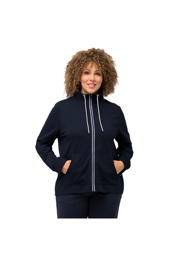 ULLA POPKEN - Damskie Bluza rozpinana stójka kieszeń kangurka dłuższy tył. Typ kołnierza: kołnierzyk stójkowy. Kolekcja: plus size. Kolor: niebieski. Materiał: poliester, materiał, bawełna. Długość: długie