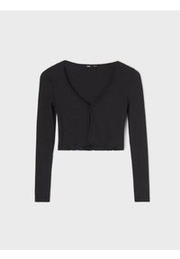 Sinsay - Prążkowana bluzka z długim rękawem typu crop z dekoltem V i zapięciem - czarny. Kolor: czarny. Materiał: prążkowany. Długość rękawa: długi rękaw. Długość: długie #1