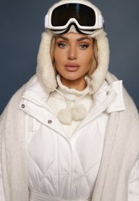 Renee - Biała Pikowana Kurtka Płaszcz za Kolano Wiązana w Pasie z Kapturem Klavsa. Typ kołnierza: kaptur. Kolor: biały. Materiał: materiał. Sezon: zima #4