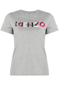 Kenzo - KENZO - Szara koszulka z logo. Kolor: szary. Materiał: jeans, bawełna. Wzór: aplikacja, kolorowy. Styl: klasyczny #5