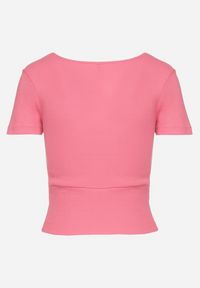 Born2be - Różowy Prążkowany T-shirt z Bawełny z Dekoltem w Serek Filunira. Okazja: na co dzień. Typ kołnierza: dekolt w serek. Kolor: różowy. Materiał: bawełna, prążkowany. Styl: elegancki, casual #5