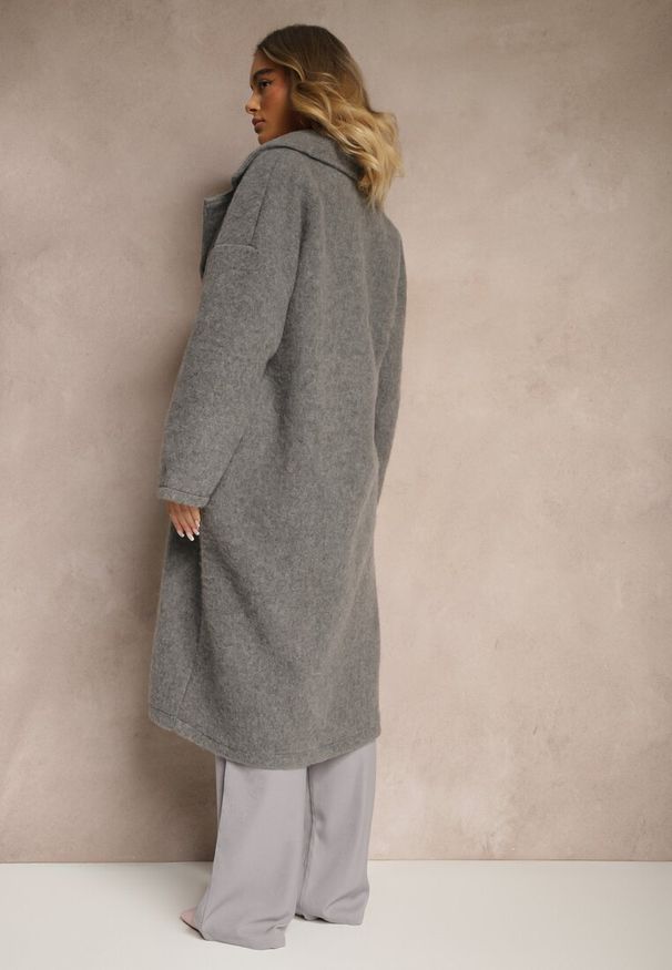 Renee - Ciemnoszary Długi Płaszcz Jednorzędowy o Kroju Oversize Vlekoma. Kolor: szary. Materiał: wełna, poliester. Długość: długie. Styl: elegancki