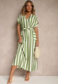 Renee - Zielona Pudełkowa Sukienka z Wiskozą z Motywem Pasków i Wiązaniem Lumierae. Okazja: na co dzień. Kolor: zielony. Materiał: wiskoza. Styl: elegancki, casual