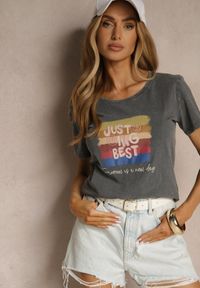 Renee - Ciemnoszary T-shirt z Bawełny z Nadrukiem Inaren. Okazja: na co dzień. Kolor: szary. Materiał: bawełna. Wzór: nadruk. Styl: klasyczny, casual #4