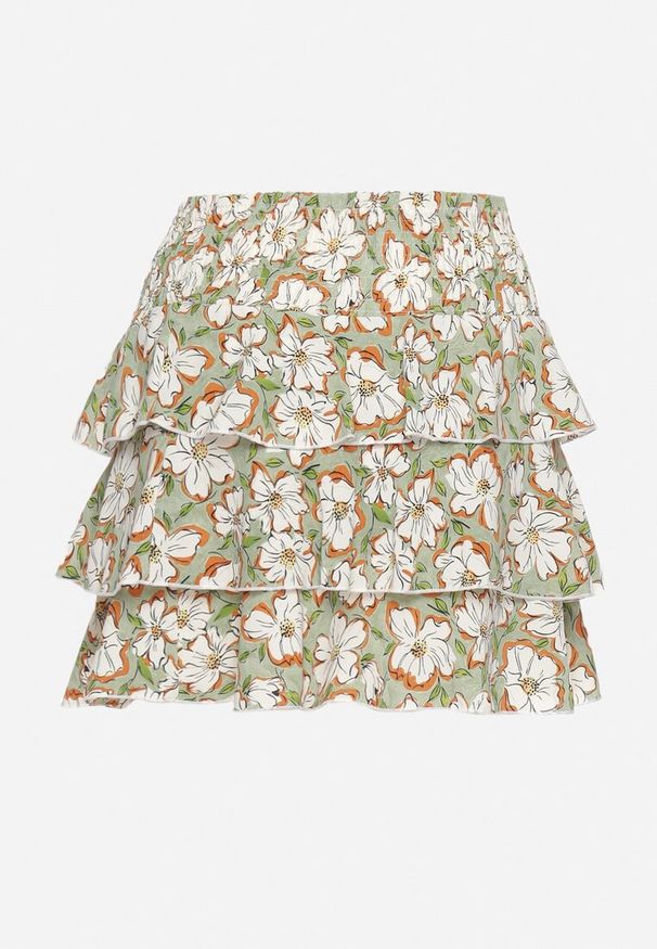 Born2be - Zielona Spódnica Mini Ozdobiona Falbankami i Kwiatowym Wzorem Persava. Okazja: na co dzień. Kolor: zielony. Materiał: tkanina. Wzór: aplikacja, kwiaty. Sezon: wiosna. Styl: casual, elegancki, klasyczny
