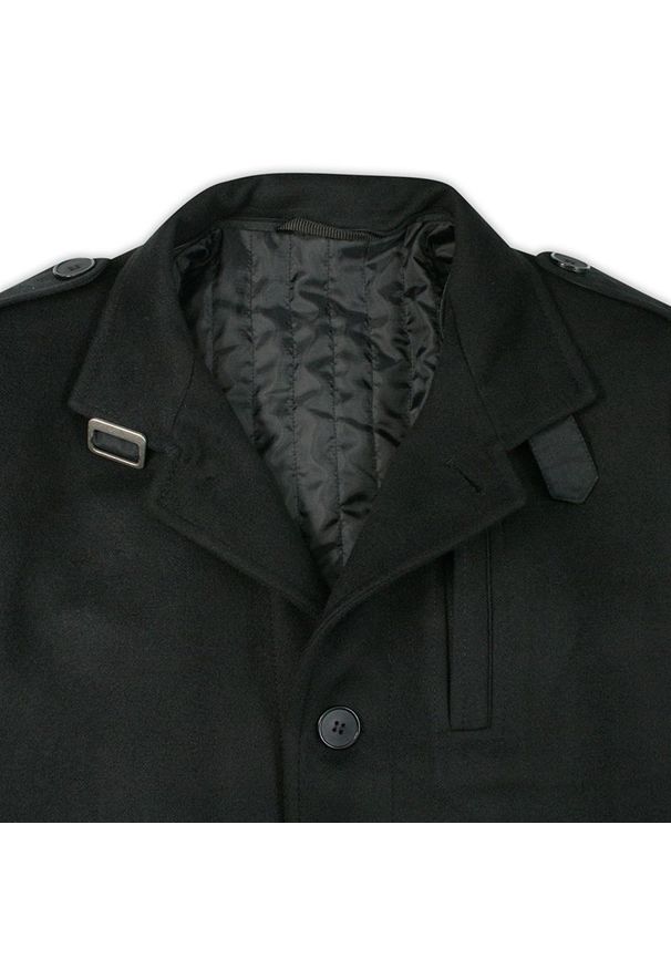 Kurtka Czarna Elegancka na Guziki i Zamek, z Odpinanym Kołnierzem, Jesienno-Zimowa -JaniMen. Kolor: czarny. Materiał: wełna, włókno, poliester, syntetyk, tkanina. Sezon: jesień, zima. Styl: elegancki