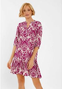 Volcano - Wzorzysta, luźna sukienka G-PEONIA. Typ kołnierza: dekolt w serek, dekolt w kształcie V, kołnierzyk stójkowy. Materiał: skóra, wiskoza, materiał. Wzór: kolorowy. Sezon: wiosna, lato. Typ sukienki: rozkloszowane, proste. Długość: mini #1