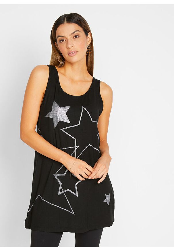bonprix - Długi top. Kolor: czarny. Długość: długie. Wzór: nadruk