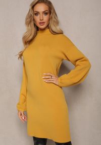 Renee - Żółta Sukienka Mini Sweterkowa z Luźnymi Rękawami Falis. Kolor: żółty. Materiał: dzianina. Styl: elegancki. Długość: mini