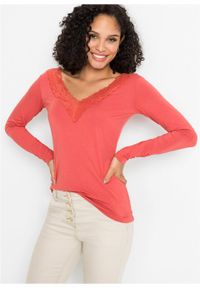 Shirt z długim rękawem z koronki, TENCEL™ lyocell bonprix matowy koralowy. Kolor: czerwony. Materiał: materiał, elastan, wiskoza. Długość rękawa: długi rękaw. Długość: długie. Wzór: koronka #2