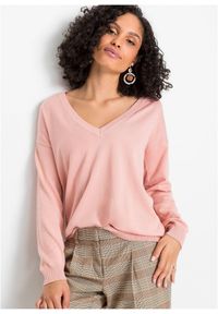 bonprix - Sweter oversize z mieszanki wiskozy. Typ kołnierza: dekolt w serek. Kolor: różowy. Materiał: wiskoza #1