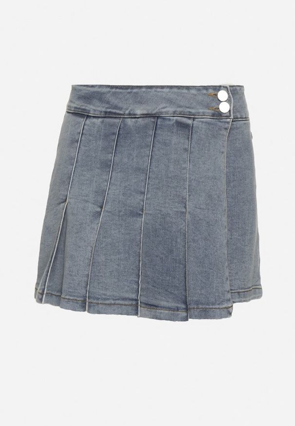 Born2be - Niebieskie Bawełniane Spódnico-Szorty Jeansowe Ozdobione Plisami Tulvesin. Okazja: na co dzień. Stan: podwyższony. Kolor: niebieski. Materiał: jeans, bawełna. Wzór: aplikacja. Styl: elegancki, casual