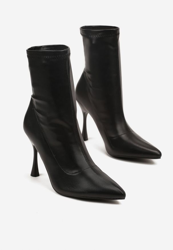 Born2be - Czarne Botki Vices na Obcasie Typu Klepsydra z Elastyczną Cholewką Kelisse. Okazja: na co dzień. Kolor: czarny. Materiał: jeans. Szerokość cholewki: normalna. Obcas: na obcasie. Styl: elegancki, casual. Wysokość obcasa: średni