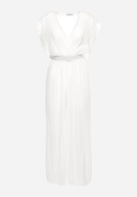 Born2be - Biały Plisowany Kombinezon z Szerokimi Nogawkami i Wiązanym Paskiem Audra. Okazja: na co dzień. Typ kołnierza: dekolt kopertowy, kołnierz z falbankami. Kolor: biały. Sezon: wiosna, lato. Typ sukienki: plisowane. Styl: casual, elegancki #3