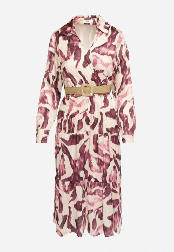 Born2be - Fioletowa Kopertowa Sukienka w Abstrakcyjny Wzór z Gumką w Talii i Paskiem Zinnitaria. Okazja: na co dzień. Kolor: fioletowy. Materiał: jeans. Typ sukienki: kopertowe. Styl: casual, klasyczny