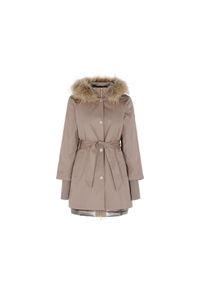 Ochnik - Kurtka puchowa damska z rękawem 3/4 i dzianinowymi mankietami. Kolor: brązowy. Materiał: poliester. Długość: długie. Wzór: aplikacja. Sezon: wiosna, zima. Styl: klasyczny #1