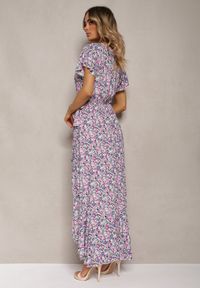 Renee - Biało-Fioletowa Sukienka z Bawełny Kopertowa z Paskiem w Talii w Kwiatowy Print Risalline. Okazja: na co dzień. Kolor: biały. Materiał: bawełna. Długość rękawa: krótki rękaw. Wzór: kwiaty, nadruk. Sezon: lato, wiosna. Typ sukienki: kopertowe. Styl: elegancki, casual