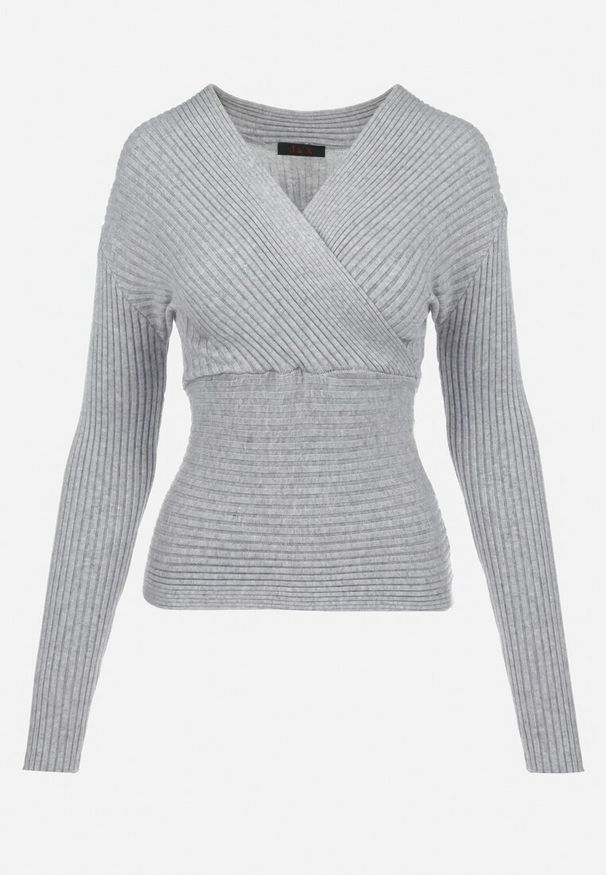 Born2be - Szary Sweter Kopertowy z Prążkowanej Dzianiny Zaki. Okazja: na co dzień. Kolor: szary. Materiał: dzianina, prążkowany. Długość rękawa: długi rękaw. Długość: długie. Styl: casual, rockowy, elegancki