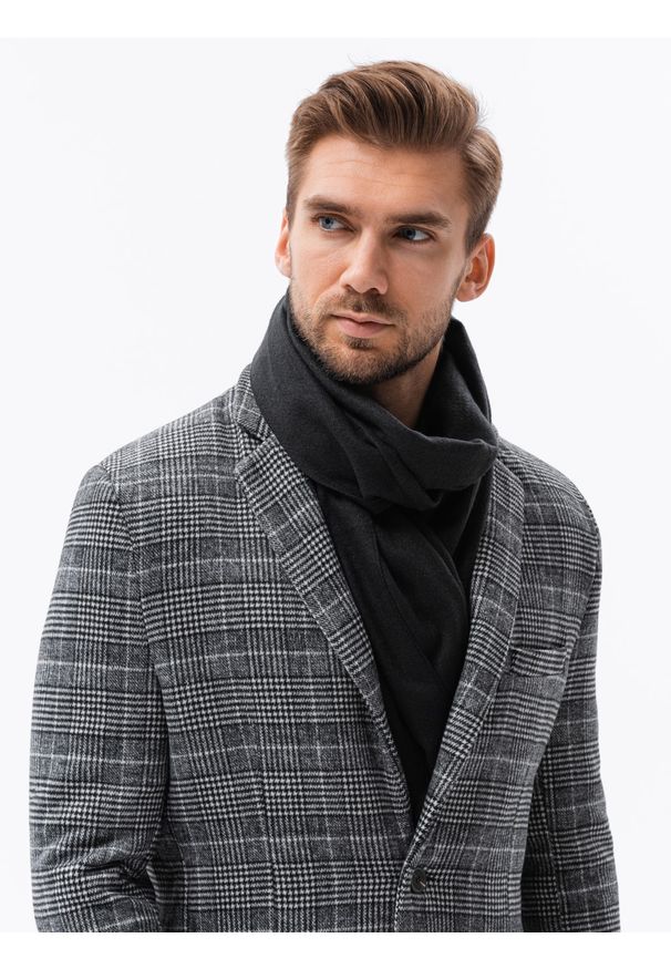 Ombre Clothing - Jednorzędowy płaszcz męski w kratę - czarny V2 C499 - XXL. Kolor: czarny. Materiał: akryl, poliester