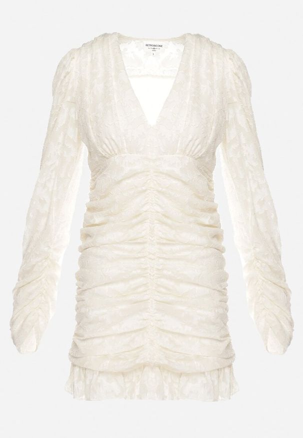 Born2be - Beżowa Sukienka Mini z Tkaniny Plumeti z Marszczeniem Werenia. Okazja: na co dzień. Typ kołnierza: dekolt w kształcie V. Kolor: beżowy. Materiał: tkanina. Styl: casual, elegancki, klasyczny. Długość: mini