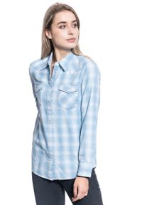 Wrangler - DAMSKA KOSZULA MATERIAŁOWA WRANGLER WESTERN CHECK SHIRT LIGHT INDIGO W5Q12ZX4E. Materiał: materiał