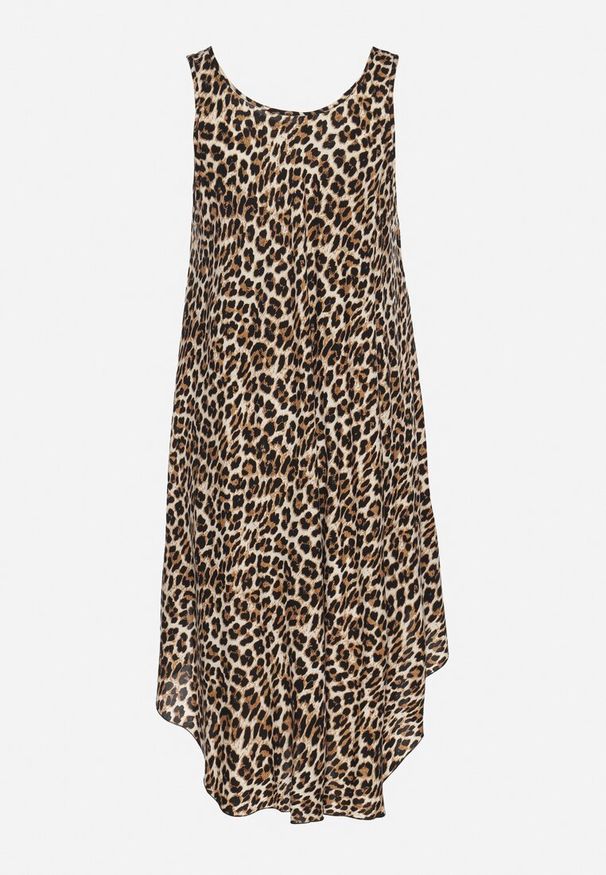 Born2be - Ciemnobeżowa Rozkloszowana Sukienka z Bawełny w Panterkę Natiloria. Okazja: na co dzień. Kolor: beżowy. Materiał: bawełna. Długość rękawa: długi rękaw. Wzór: motyw zwierzęcy. Styl: elegancki, casual