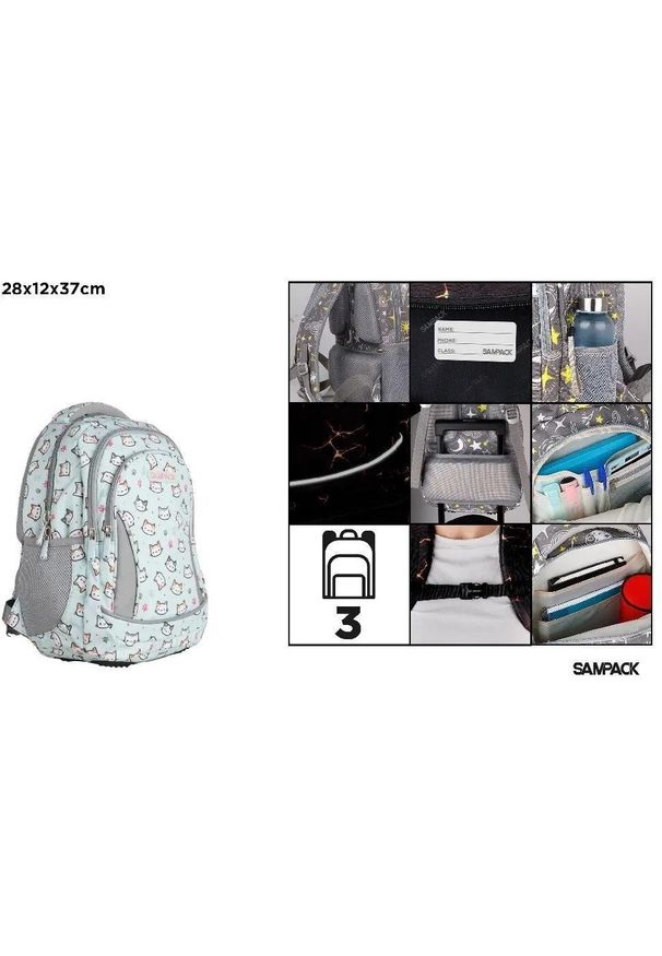 Chin&Chilla Plecak trzykomorowy Kotki szaro-miętowy 28x12x37cm. Kolor: szary, miętowy, wielokolorowy