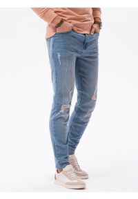 Ombre Clothing - Spodnie męskie jeansowe z przetarciami SLIM FIT P1021 - jasnoniebieskie - XXL. Okazja: na co dzień. Kolor: niebieski. Materiał: jeans. Styl: casual