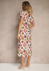 Renee - Beżowo-Zielona Sukienka z Wiskozą o Koszulowym Kroju z Paskiem z Klamrą w Etno Print Jenavianea. Okazja: na co dzień. Kolor: pomarańczowy. Materiał: wiskoza. Długość rękawa: krótki rękaw. Wzór: nadruk. Typ sukienki: koszulowe. Styl: etno #5