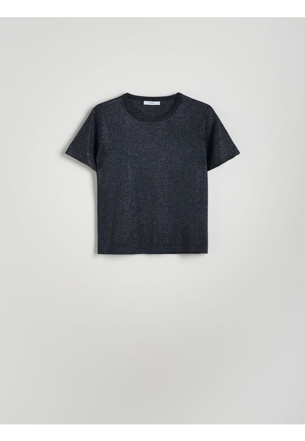 Reserved - T-shirt z metalizowaną nicią - granatowy. Kolor: niebieski. Materiał: dzianina, wiskoza